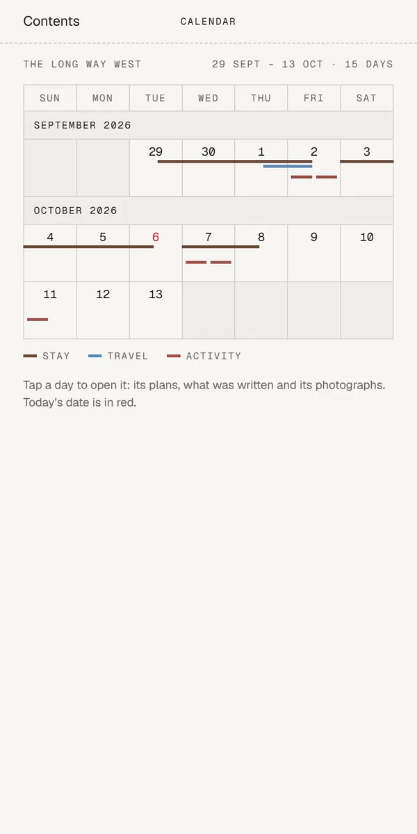 Calendar: Stays and travel, at a glance