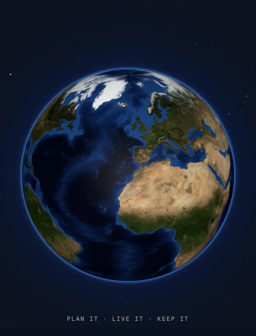 The globe from Boswell's home screen, turned to the Atlantic